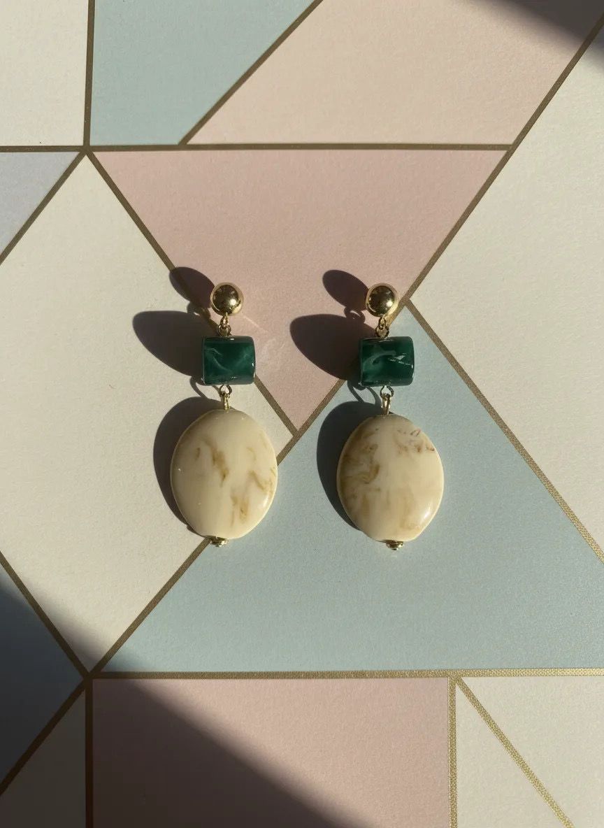White and Emerald Marble Earrings